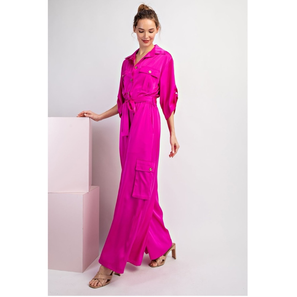 200 • Fuchsia Pink Satin Palazzo Jumpsuit